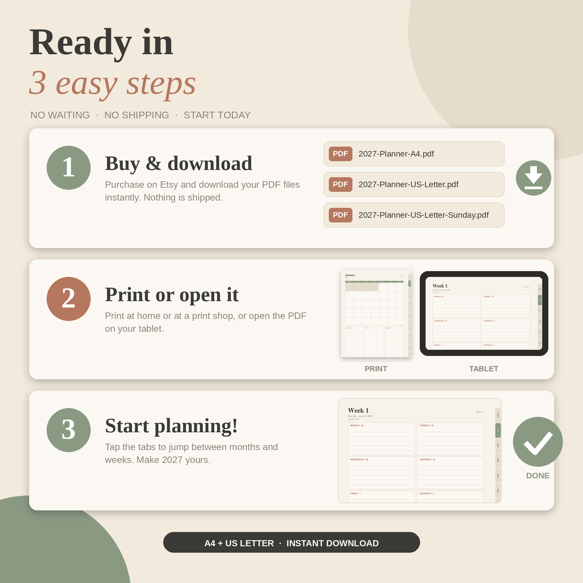 2027 Planner Printable, All-in-One Digital Planner, Weekly Monthly Yearly Planner, Habit Tracker, A4 US Letter PDF.