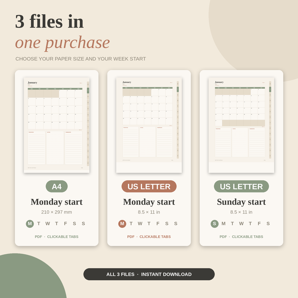 2027 Planner Printable, All-in-One Digital Planner, Weekly Monthly Yearly Planner, Habit Tracker, A4 US Letter PDF.