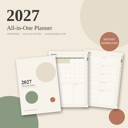 2027 Planner Printable, All-in-One Digital Planner, Weekly Monthly Yearly Planner, Habit Tracker, A4 US Letter PDF.