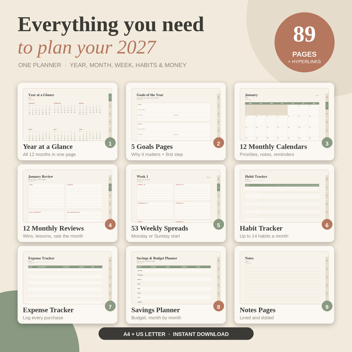2027 Planner Printable, All-in-One Digital Planner, Weekly Monthly Yearly Planner, Habit Tracker, A4 US Letter PDF.