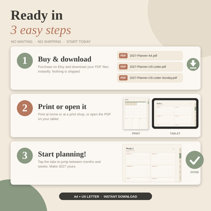 2027 Planner Printable, All-in-One Digital Planner, Weekly Monthly Yearly Planner, Habit Tracker, A4 US Letter PDF.