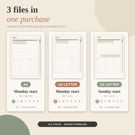2027 Planner Printable, All-in-One Digital Planner, Weekly Monthly Yearly Planner, Habit Tracker, A4 US Letter PDF.